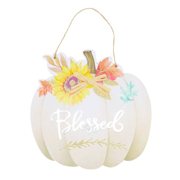 NWT Cream Glittered Pumpkin w/ Galvanized BLESSED Fall Harvest Decoration 🌻🍂🍁 - Picture 8 of 9